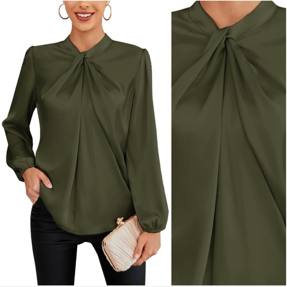 NWT Grace Karin Olive Green Satin Silk Twist Mock Long Sleeve Blouse Shirt L - Picture 3 of 11